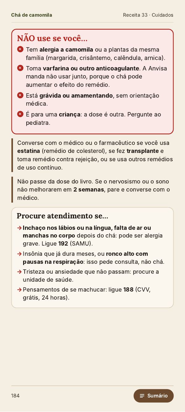 Página de cuidados da camomila com a caixa vermelha NÃO use se você